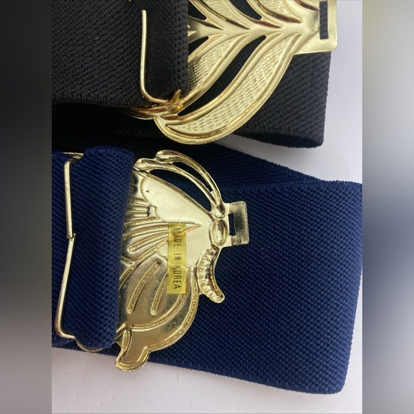 Two Vintage Elastic Belts with Gold Tone Enamel Buckle up to 30\